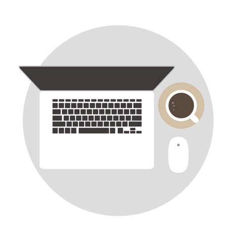 Laptop, coffee and mouse on the desk, top view, vector illustrationのイラスト素材