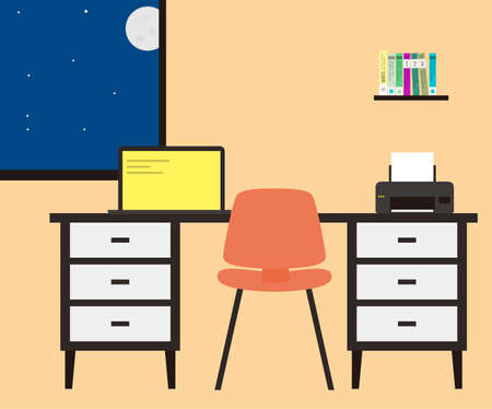 night office place, computer on the desk, flat design, vector illustrationのイラスト素材