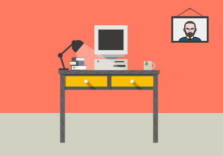 Old working place, desk with old computer and other things, vector illustrationのイラスト素材