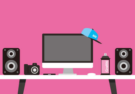 Working place, desk with computer and other things, vector illustrationのイラスト素材