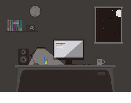 night office place, computer on the desk flat design, vector illustrationのイラスト素材