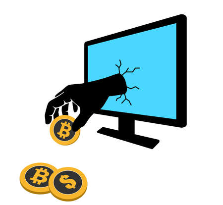 A hand broken the computer screen, stole the golden coinsのイラスト素材