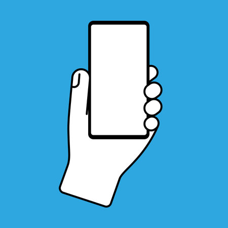 Hand holding smart phone, blank white screen on blue backgroundのイラスト素材