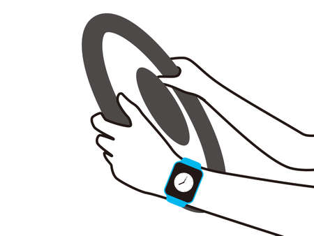 Driving car with fashion smart watch, flat vectorのイラスト素材