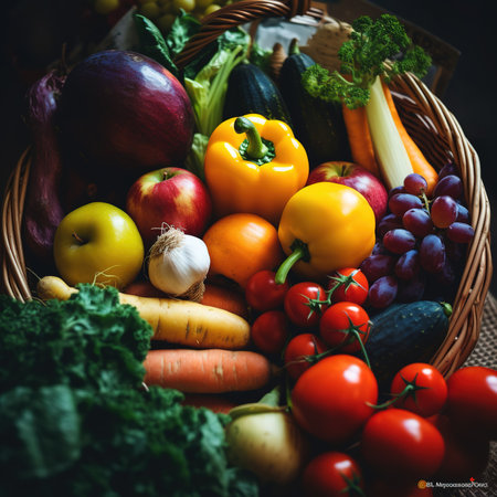 Fresh organic vegetables and fruits in wicker basketの素材