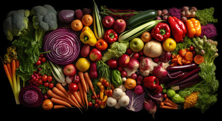 fresh organic vegetables and fruits in a box, top viewの素材