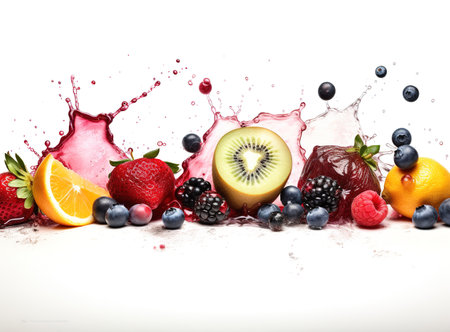 tropical fruits fall deeply in the water in a straight line with a big splashの素材