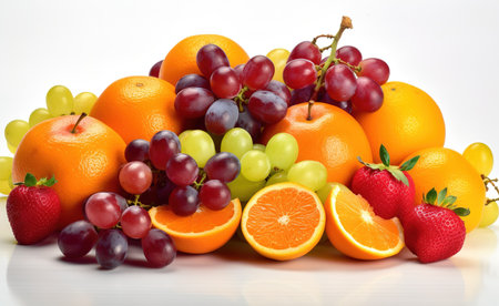 Fruits isolated on white background. Orange, grape, strawberry.の素材