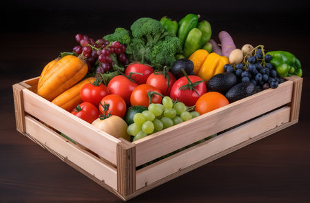 wooden box with a variety of fruit and vegetablesの素材