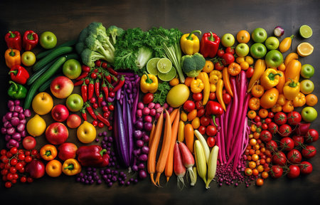 group fresh fruits and vegetables on black background, top viewの素材