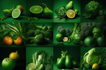 full frame of fresh organic vegetables and fruit, top viewの素材