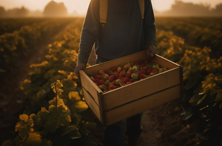 In the morning, farmers collect strawberries in the orchardの素材