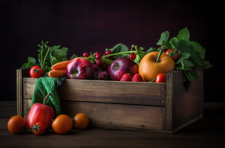 wooden box with a variety of fruit and vegetablesの素材