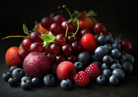 a rainbow of vegetables and fruit on black background, front viewの素材