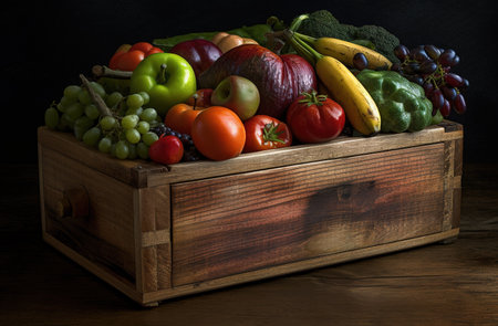 wooden box with a variety of fruit and vegetablesの素材