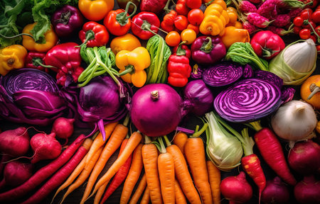 group fresh fruits and vegetables on black background, top viewの素材