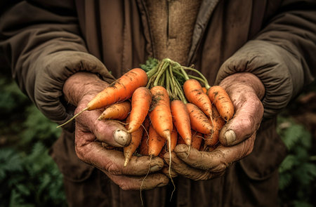 a man is holding a handful of carrots with green leaves in the backgroundの素材