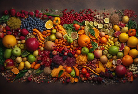 fresh vegetables and fruits lined up in a row with dark backgroundの素材