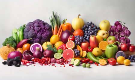 fresh vegetables and fruits lined up in a row with colors and types of fruitsの素材