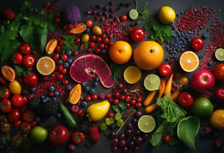 fresh vegetables and fruits lined up in a row with dark backgroundの素材