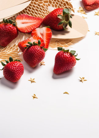 ew slices of strawberry flying on a white backgroundの素材