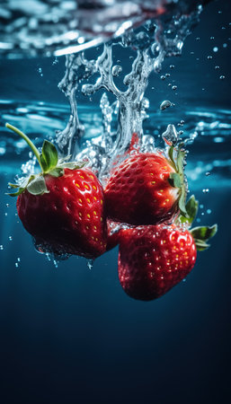 tropical fruits strawberries fall deeply under water with a big splashの素材