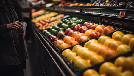 Vegetables and fruits on shelf in supermarketの素材