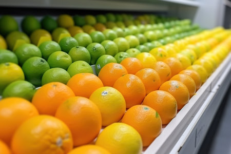 Oranges and lemons on the shelf in the supermarket. Selective focus.の素材