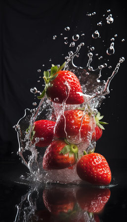 tropical fruits strawberries fall deeply under water with a big splashの素材