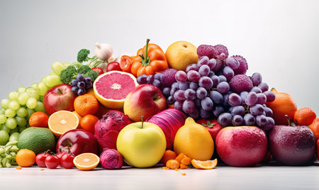 fresh vegetables and fruits lined up in a row with purple backgroundの素材