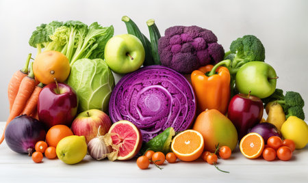 fresh vegetables and fruits lined up in a row with colors and types of fruitsの素材