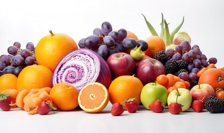 fresh vegetables and fruits lined up in a row with purple backgroundの素材