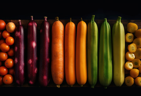 colors of vegetables and fruits arranged in a rowの素材