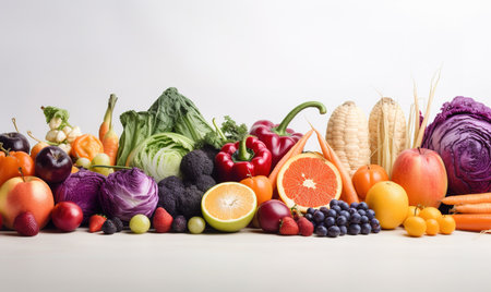 fresh vegetables and fruits lined up in a row with purple backgroundの素材