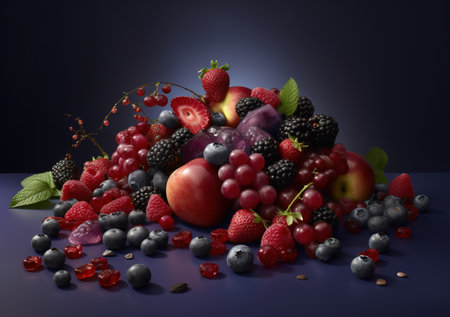a rainbow of vegetables and fruit on black background, front viewの素材