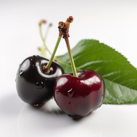 two cherries on white background with leavesの素材