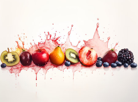 tropical fruits fall deeply in the water in a straight line with a big splashの素材