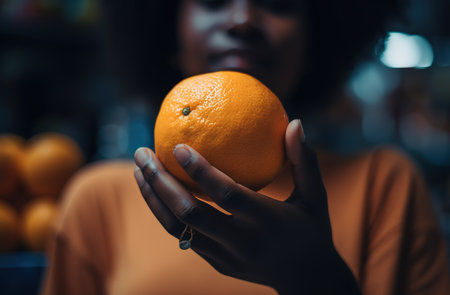 black girl holding an orangeの素材