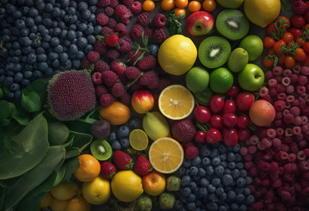 full frame of fresh organic vegetables and fruits, top viewの素材