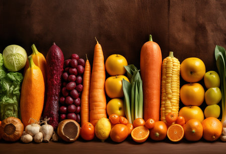 colors of vegetables and fruits arranged in a rowの素材
