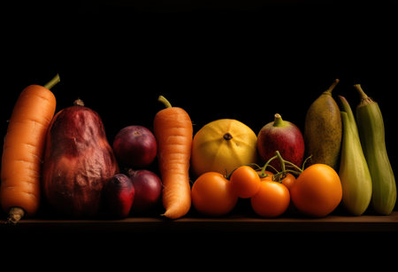 a rainbow of vegetables and fruit on the table in dark background, front viewの素材