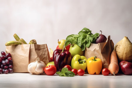 Healthy food in paper bag vegetables and fruitsの素材