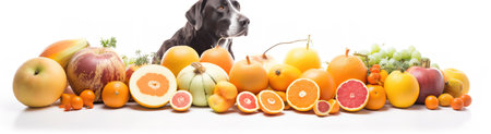 fresh vegetables and fruits lined up in a row with white background, dog in the backの素材