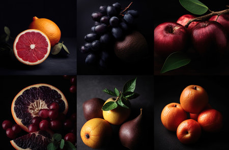 vegetables and fruit on the table in dark backgroundの素材