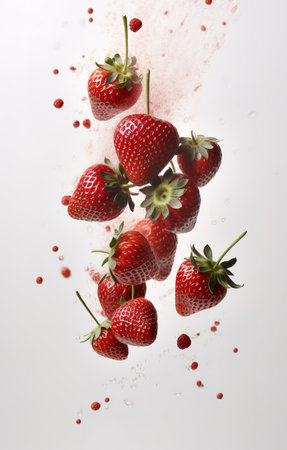 tropical fruits strawberries fall deeply under water with a big splashの素材