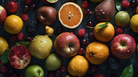 fresh vegetables and fruits lined up in a row with black backgroundの素材