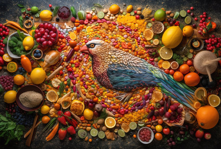 various foods and ingredients arranged on a table, birdの素材