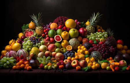fresh vegetables and fruits lined up in a row with black backgroundの素材