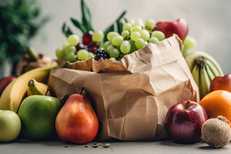 Healthy food in paper bag vegetables and fruitsの素材