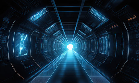 Futuristic tunnel corridor with glowing light in the dark 3D renderingの素材